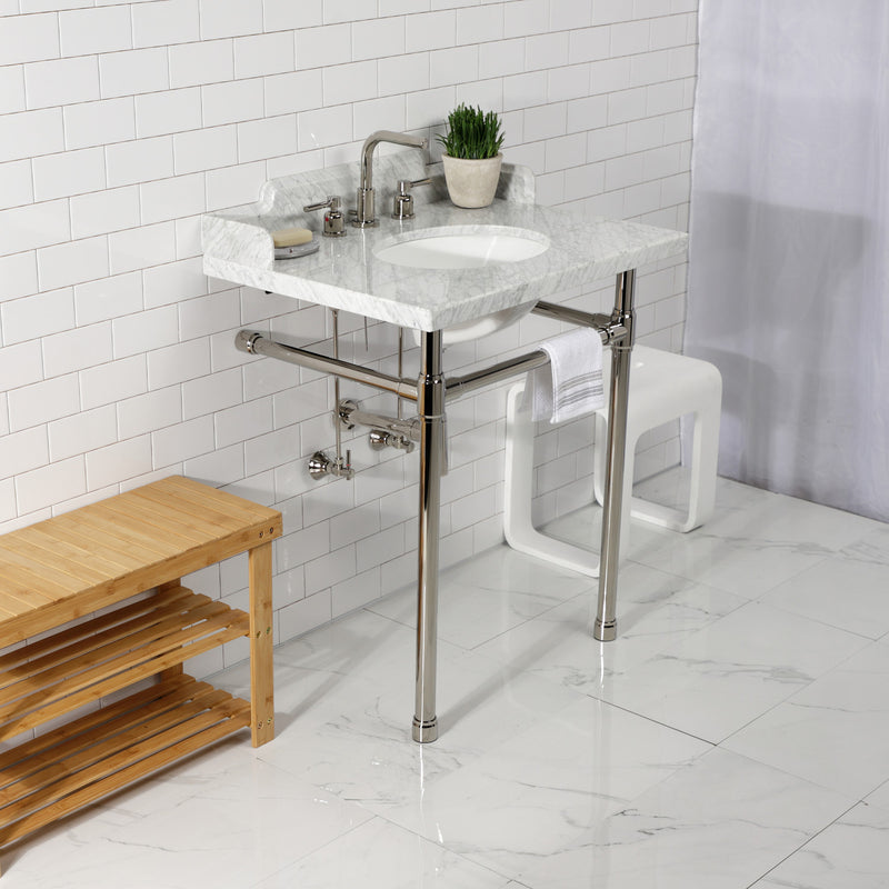 Dreyden 30-Inch Carrara Marble Console Sink with Stainless Steel Legs (8-Inch, 3-Hole)