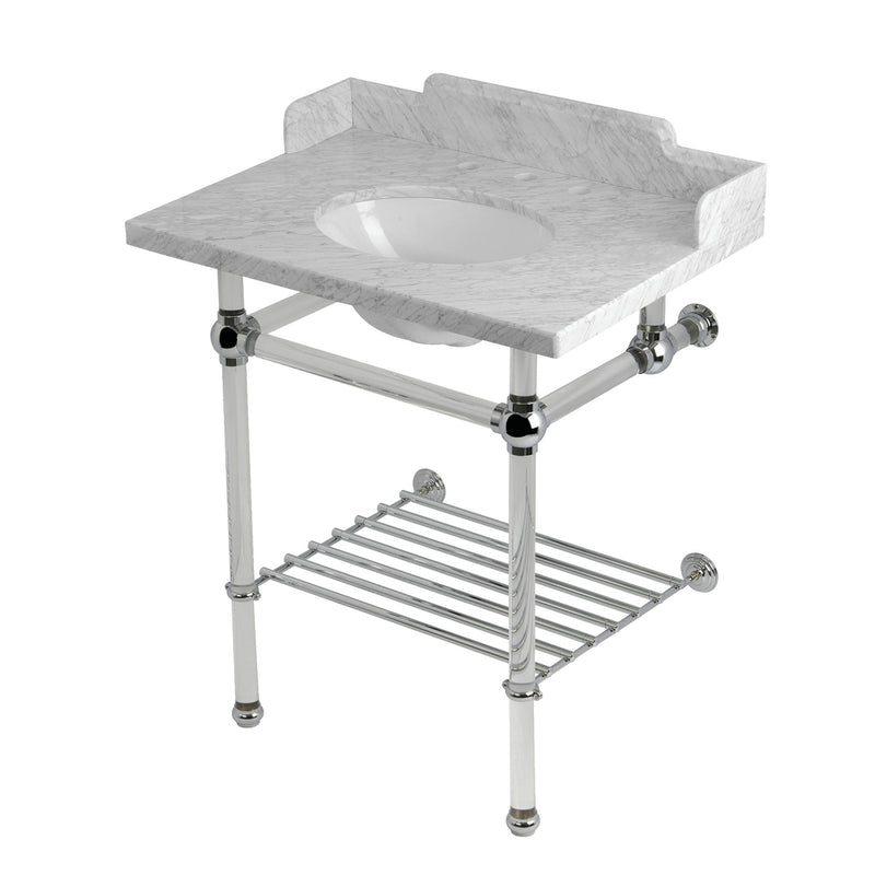 Pemberton 30-Inch Carrara Marble Console Sink with Acrylic Legs and Shelf (8-Inch, 3-Hole)