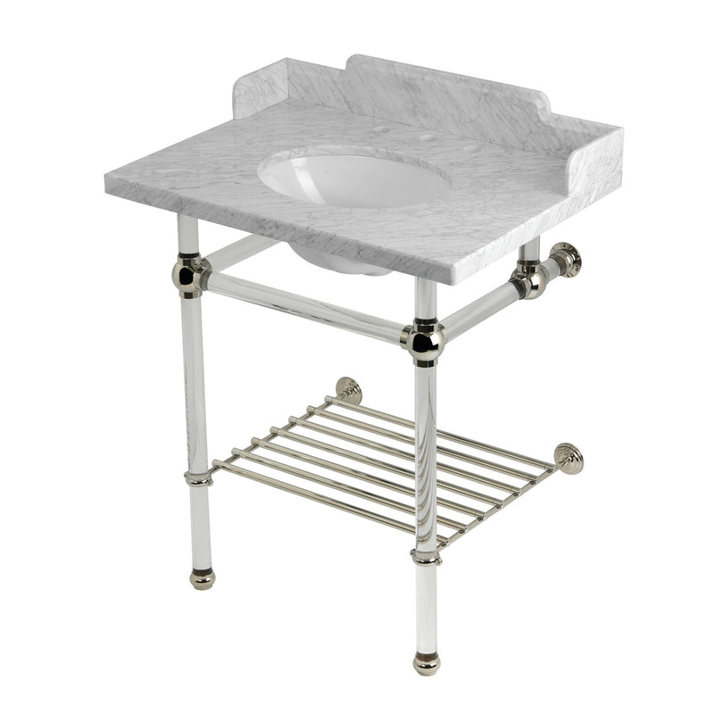 Pemberton 30-Inch Carrara Marble Console Sink with Acrylic Legs and Shelf (8-Inch, 3-Hole)