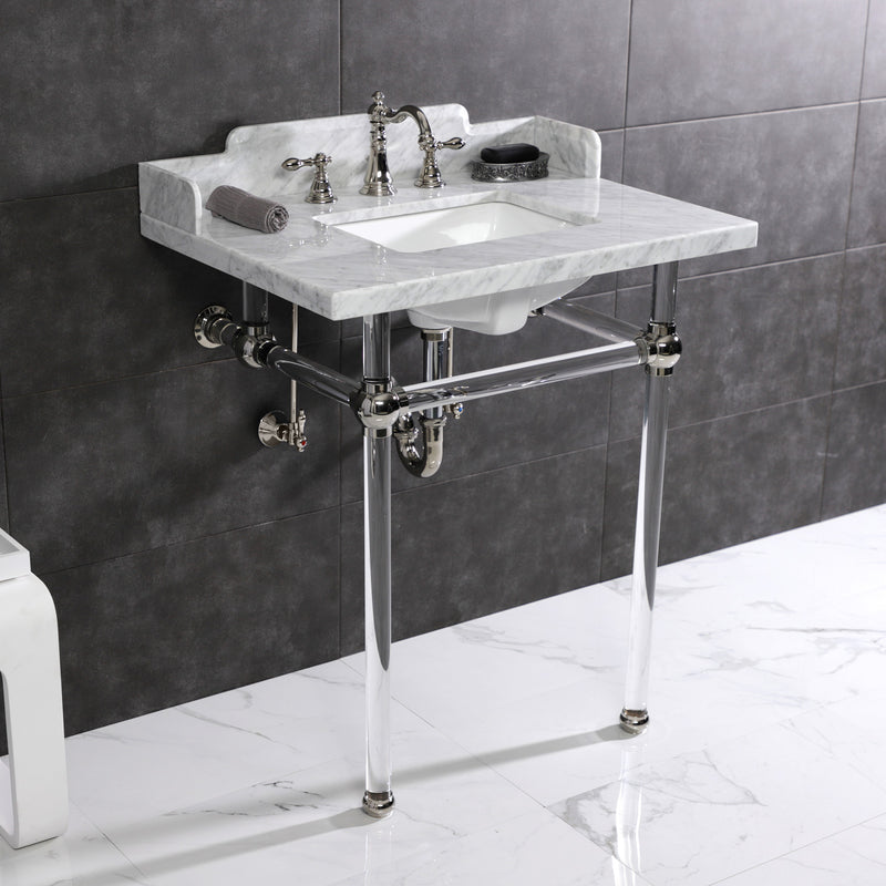 Pemberton 30-Inch Carrara Marble Console Sink with Acrylic Legs (8-Inch, 3-Hole)