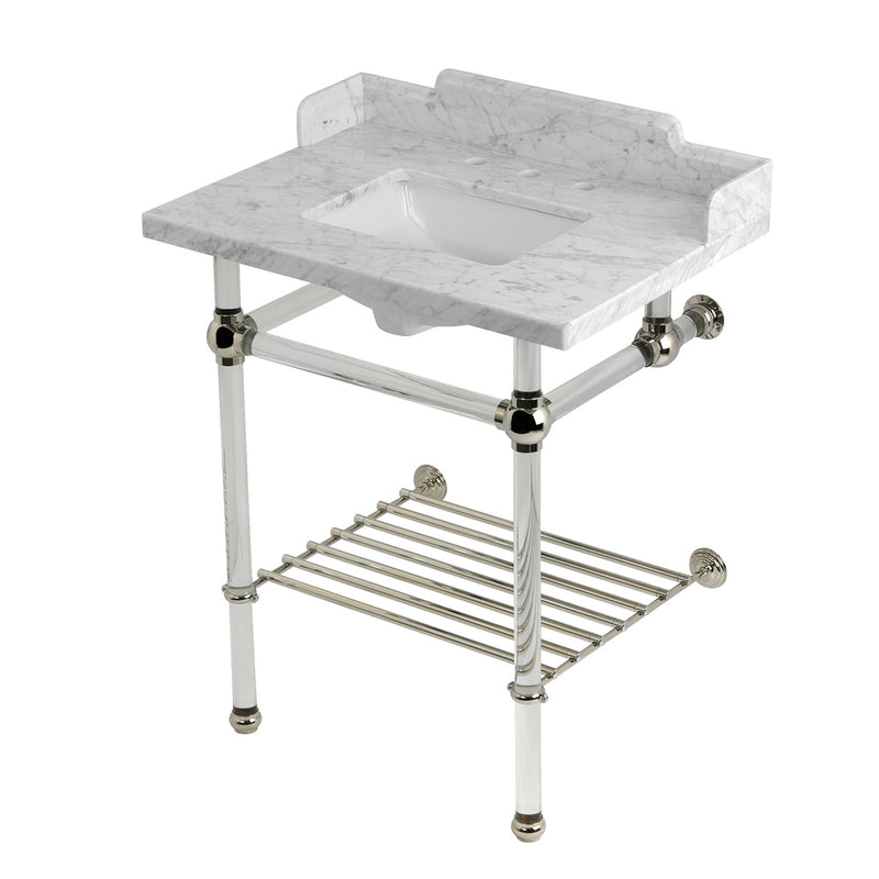 Pemberton 30-Inch Carrara Marble Console Sink with Acrylic Legs and Shelf (8-Inch, 3-Hole)