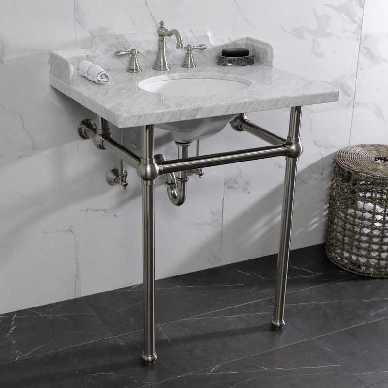 Pemberton 30-Inch Carrara Marble Console Sink with Brass Legs (8-Inch, 3-Hole)