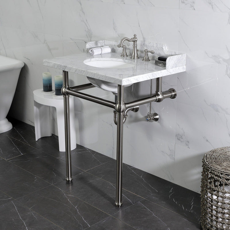 Pemberton 30-Inch Carrara Marble Console Sink with Brass Legs (8-Inch, 3-Hole)