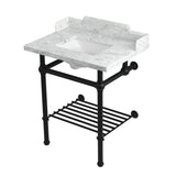 Pemberton 30-Inch Carrara Marble Console Sink with Brass Legs and Shelf (8-Inch, 3-Hole)