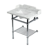 Pemberton 30-Inch Carrara Marble Console Sink with Brass Legs and Shelf (8-Inch, 3-Hole)
