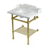 Pemberton 30-Inch Carrara Marble Console Sink with Brass Legs and Shelf (8-Inch, 3-Hole)