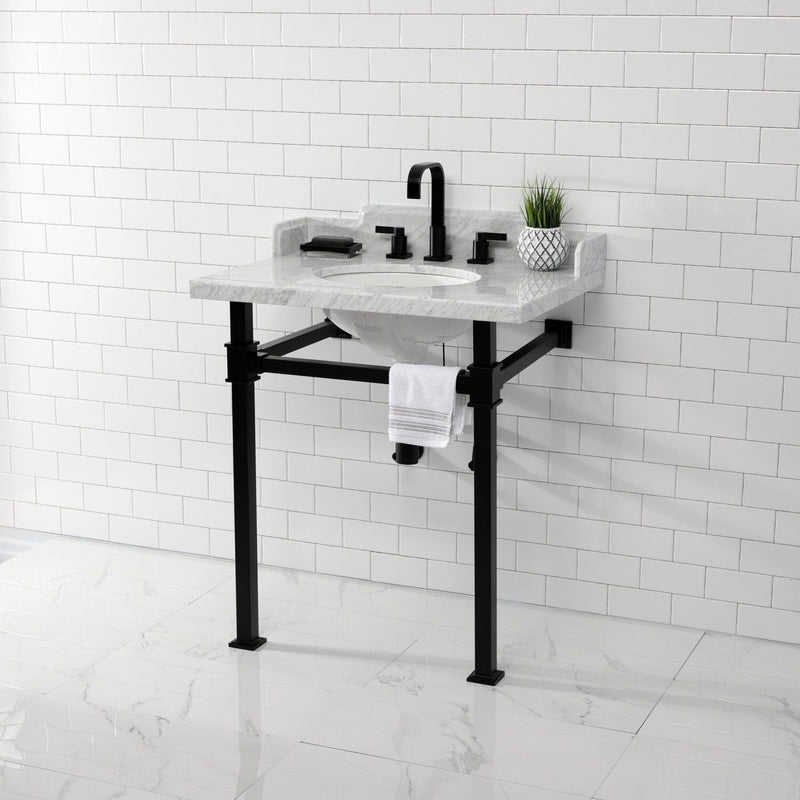 Viceroy 30-Inch Carrara Marble Console Sink with Stainless Steel Legs (8-Inch, 3-Hole)