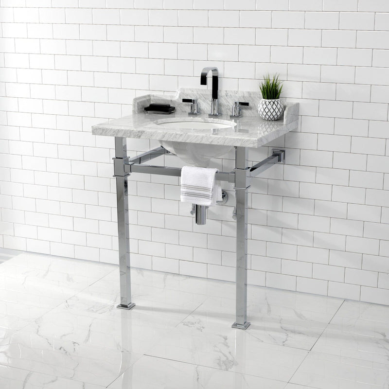 Viceroy 30-Inch Carrara Marble Console Sink with Stainless Steel Legs (8-Inch, 3-Hole)