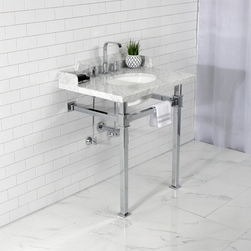 Viceroy 30-Inch Carrara Marble Console Sink with Stainless Steel Legs (8-Inch, 3-Hole)