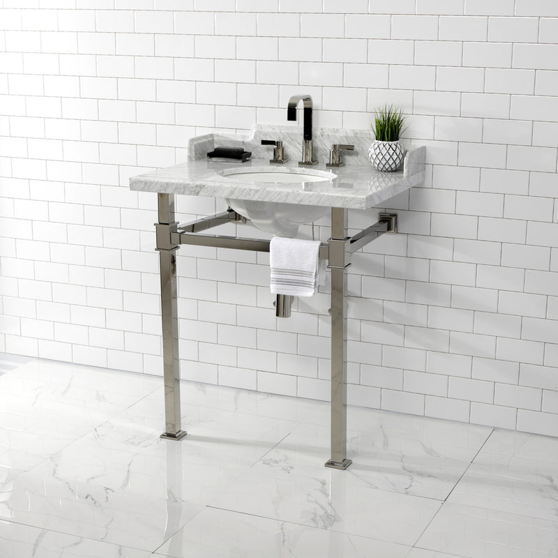 Viceroy 30-Inch Carrara Marble Console Sink with Stainless Steel Legs (8-Inch, 3-Hole)