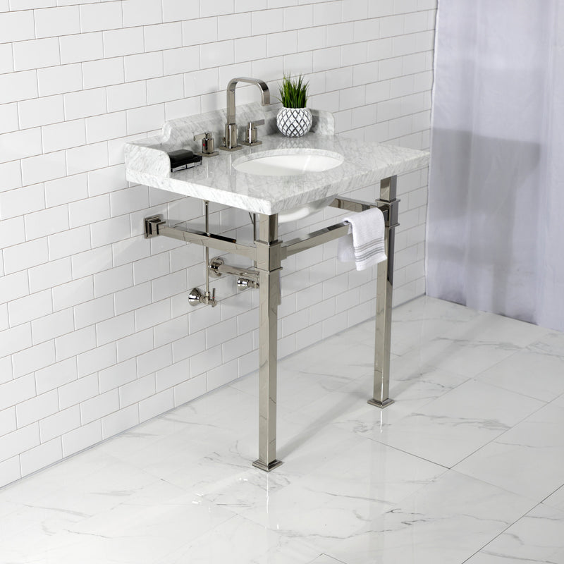 Viceroy 30-Inch Carrara Marble Console Sink with Stainless Steel Legs (8-Inch, 3-Hole)
