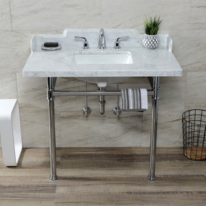 Wesselman 36-Inch Carrara Marble Console Sink with Stainless Steel Legs (8-Inch, 3-Hole)