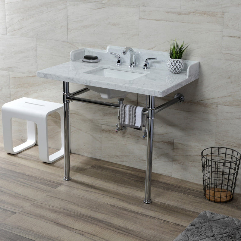 Wesselman 36-Inch Carrara Marble Console Sink with Stainless Steel Legs (8-Inch, 3-Hole)