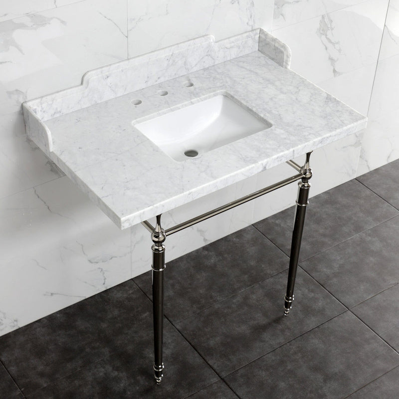 Habsburg 36-Inch Carrara Marble Console Sink with Brass Legs (8-Inch, 3-Hole)