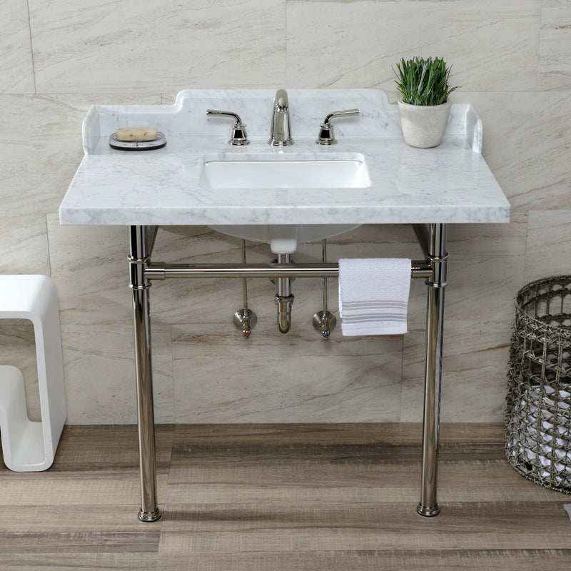 Wesselman 36-Inch Carrara Marble Console Sink with Stainless Steel Legs (8-Inch, 3-Hole)