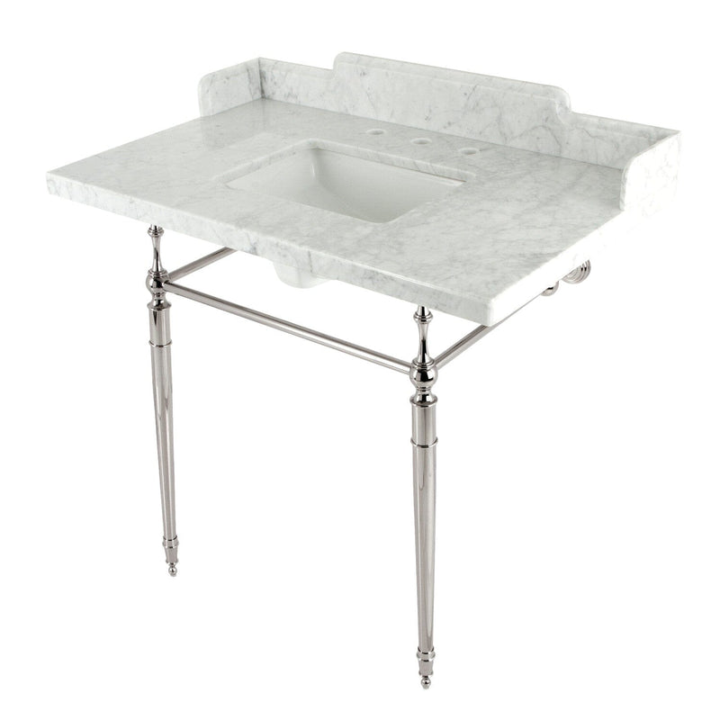 Habsburg 36-Inch Carrara Marble Console Sink with Brass Legs (8-Inch, 3-Hole)