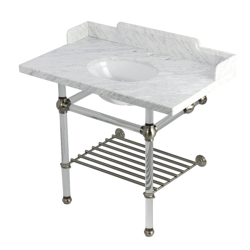 Pemberton 36-Inch Carrara Marble Console Sink with Acrylic Legs and Shelf (8-Inch, 3-Hole)