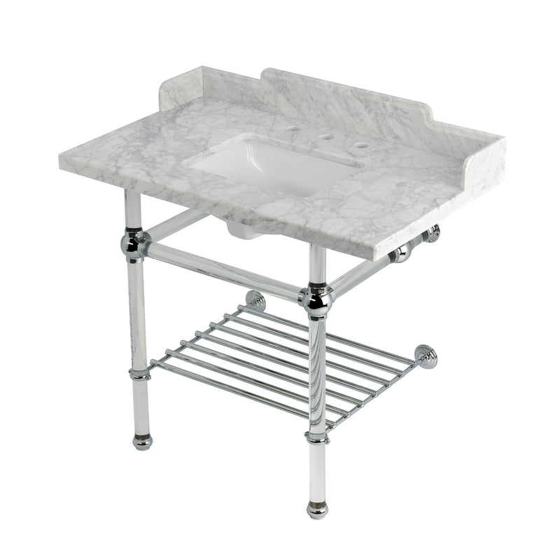 Pemberton 36-Inch Carrara Marble Console Sink with Acrylic Legs and Shelf (8-Inch, 3-Hole)
