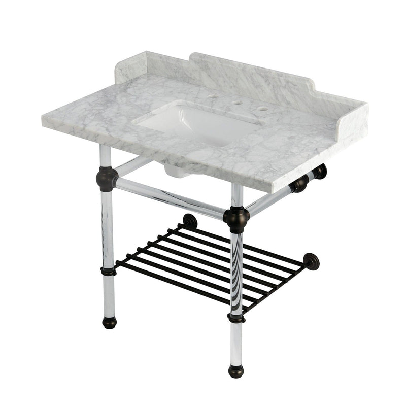 Pemberton 36-Inch Carrara Marble Console Sink with Acrylic Legs and Shelf (8-Inch, 3-Hole)