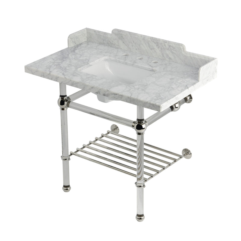 Pemberton 36-Inch Carrara Marble Console Sink with Acrylic Legs and Shelf (8-Inch, 3-Hole)