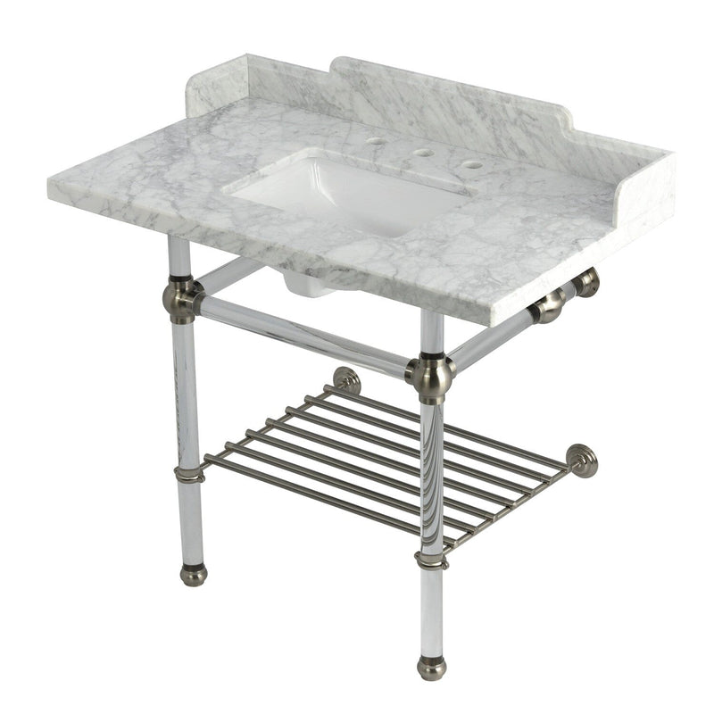 Pemberton 36-Inch Carrara Marble Console Sink with Acrylic Legs and Shelf (8-Inch, 3-Hole)