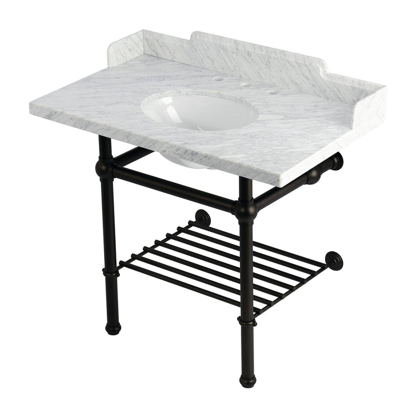 Pemberton 36-Inch Carrara Marble Console Sink with Brass Legs and Shelf (8-Inch, 3-Hole)