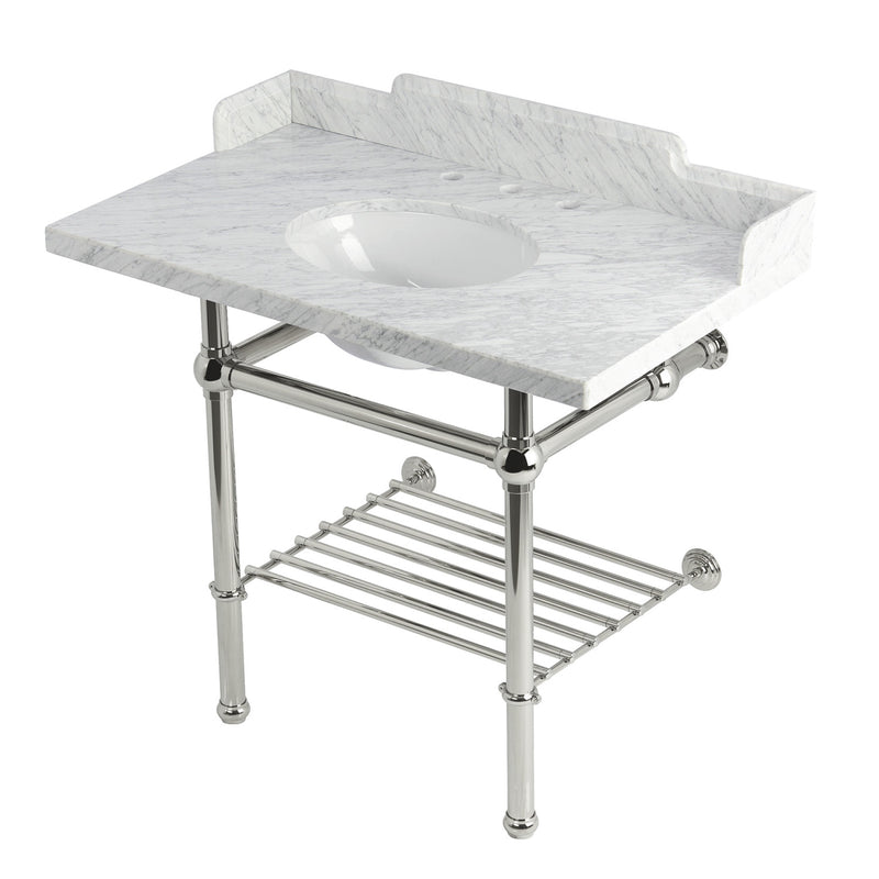 Pemberton 36-Inch Carrara Marble Console Sink with Brass Legs and Shelf (8-Inch, 3-Hole)