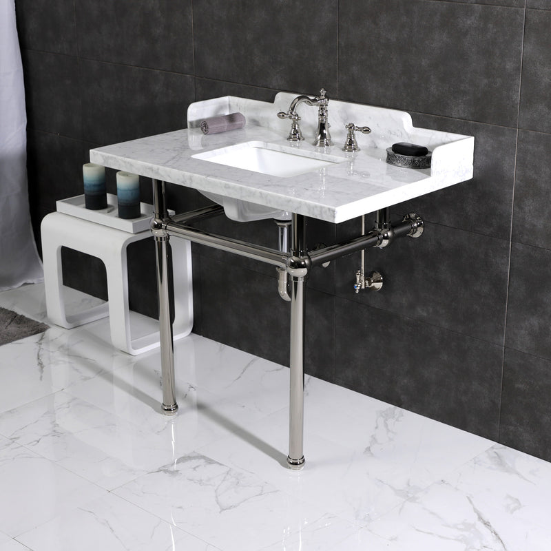 Pemberton 36-Inch Carrara Marble Console Sink with Brass Legs (8-Inch, 3-Hole)