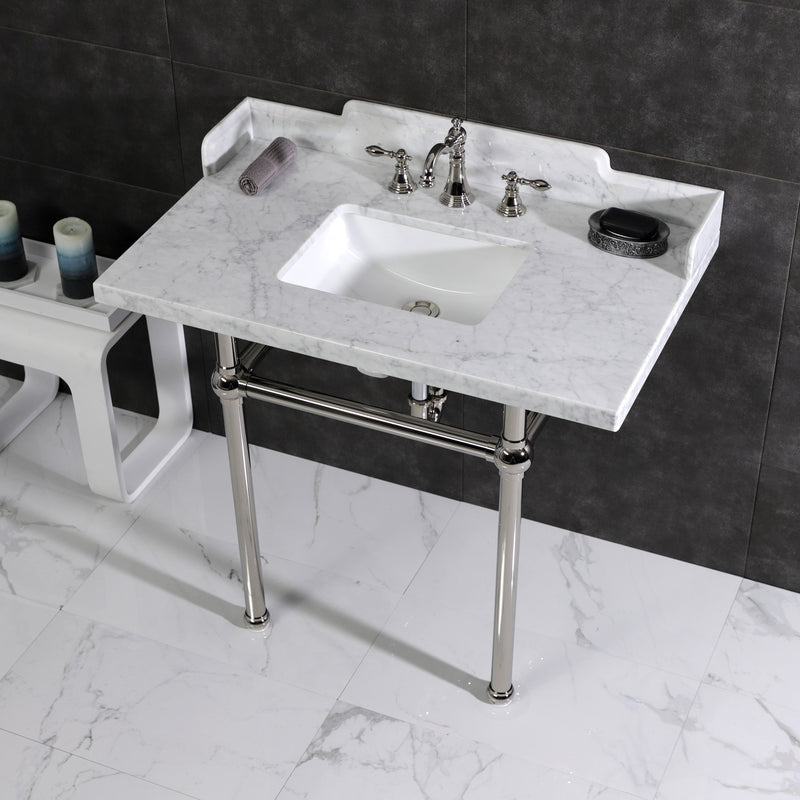 Pemberton 36-Inch Carrara Marble Console Sink with Brass Legs (8-Inch, 3-Hole)