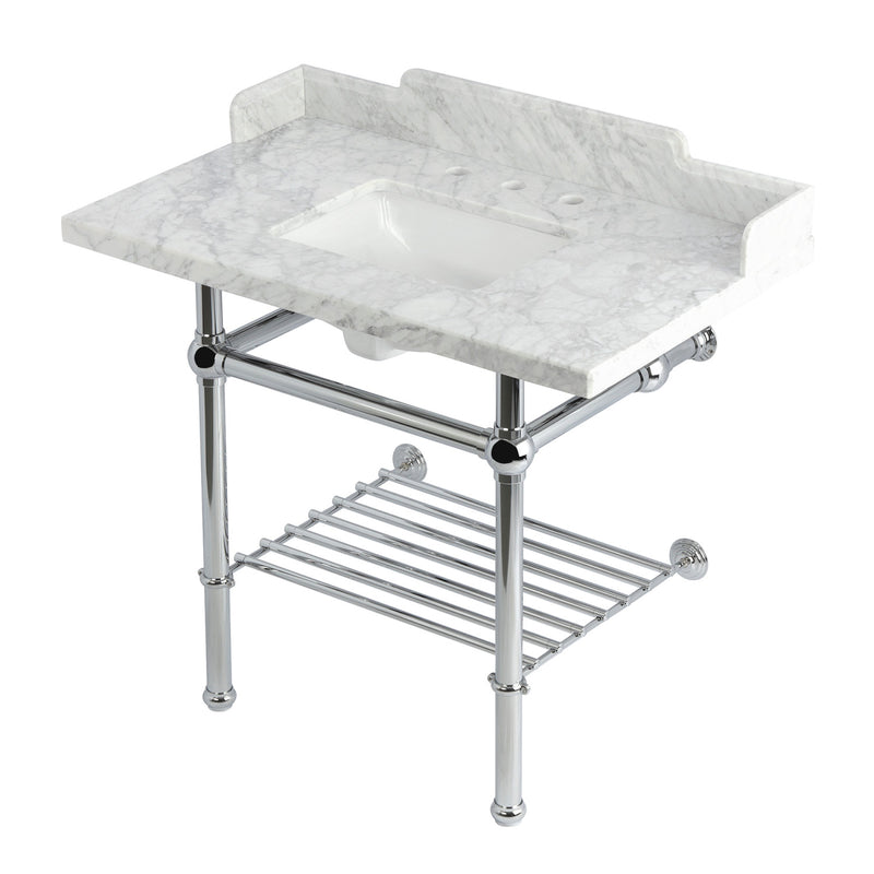 Pemberton 36-Inch Carrara Marble Console Sink with Brass Legs and Shelf (8-Inch, 3-Hole)