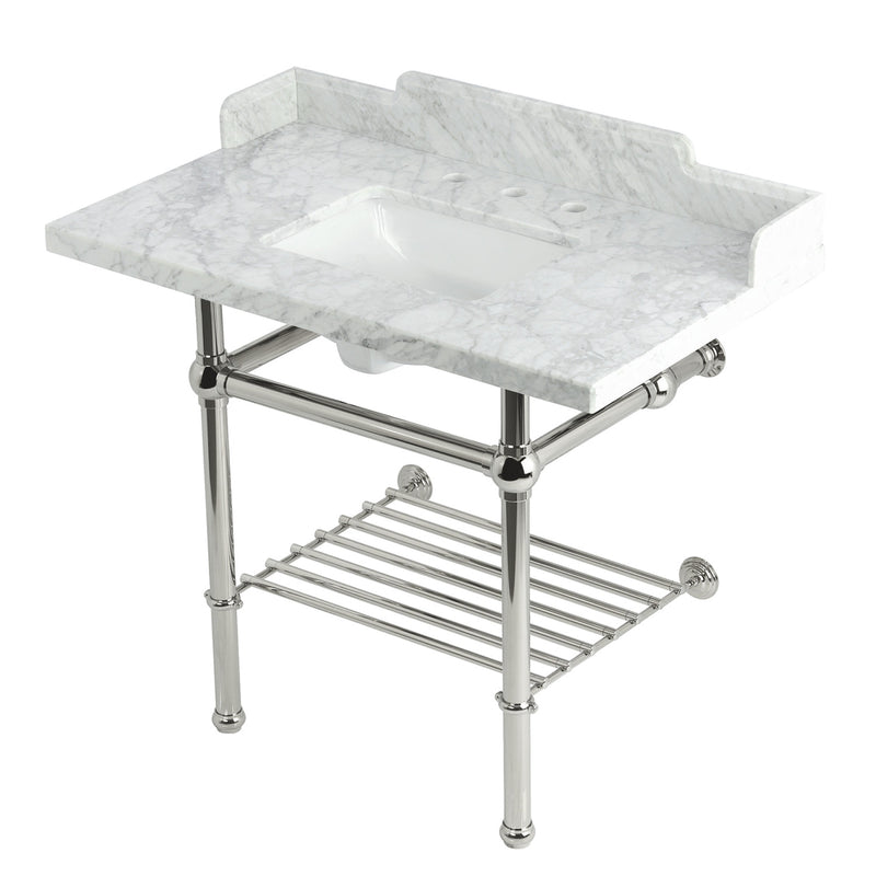 Pemberton 36-Inch Carrara Marble Console Sink with Brass Legs and Shelf (8-Inch, 3-Hole)