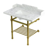 Pemberton 36-Inch Carrara Marble Console Sink with Brass Legs and Shelf (8-Inch, 3-Hole)