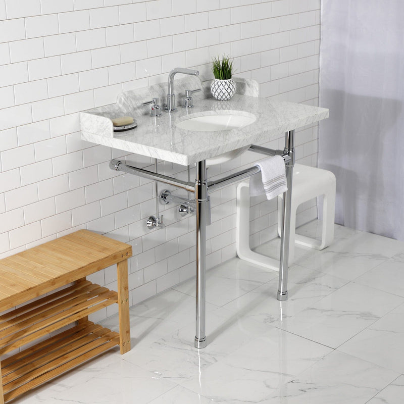 Dreyden 36-Inch Carrara Marble Console Sink with Stainless Steel Legs (8-Inch, 3-Hole)