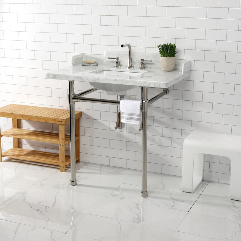 Dreyden 36-Inch Carrara Marble Console Sink with Stainless Steel Legs (8-Inch, 3-Hole)