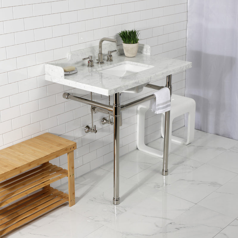 Dreyden 36-Inch Carrara Marble Console Sink with Stainless Steel Legs (8-Inch, 3-Hole)