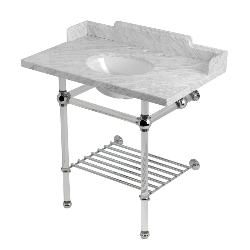 Pemberton 36-Inch Carrara Marble Console Sink with Acrylic Legs and Shelf (8-Inch, 3-Hole)