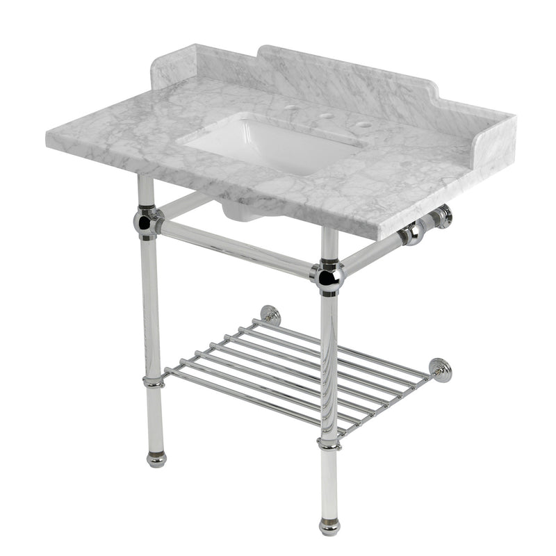 Pemberton 36-Inch Carrara Marble Console Sink with Acrylic Legs and Shelf (8-Inch, 3-Hole)