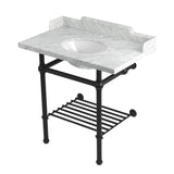 Pemberton 36-Inch Carrara Marble Console Sink with Brass Legs and Shelf (8-Inch, 3-Hole)