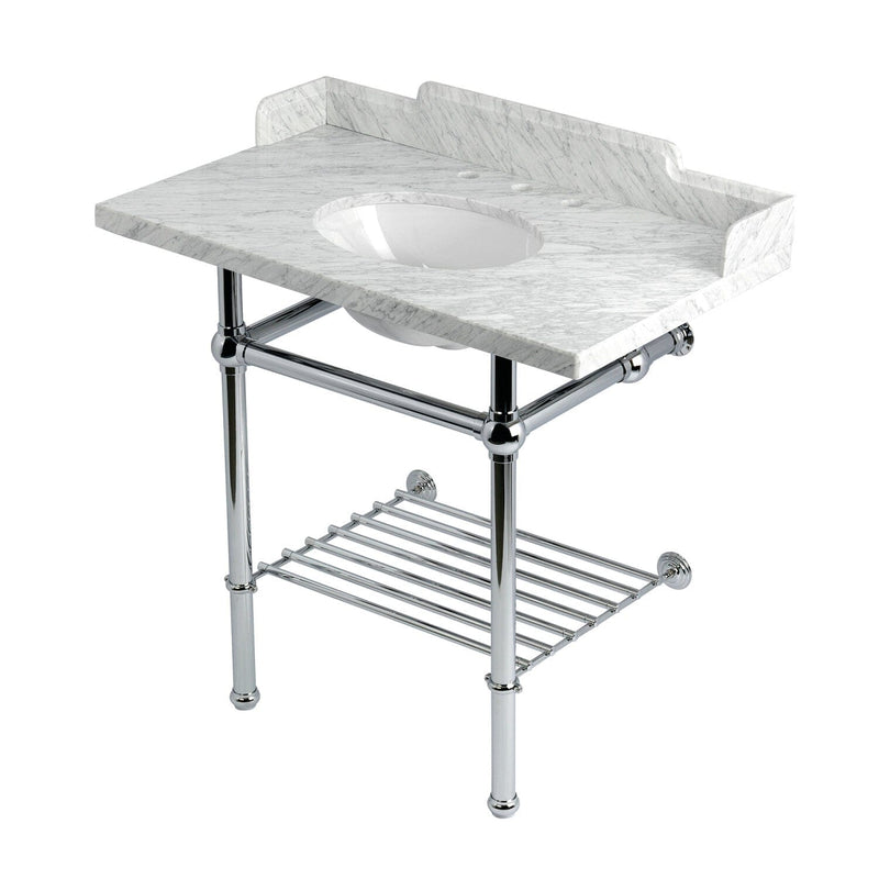 Pemberton 36-Inch Carrara Marble Console Sink with Brass Legs and Shelf (8-Inch, 3-Hole)