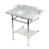 Pemberton 36-Inch Carrara Marble Console Sink with Brass Legs and Shelf (8-Inch, 3-Hole)