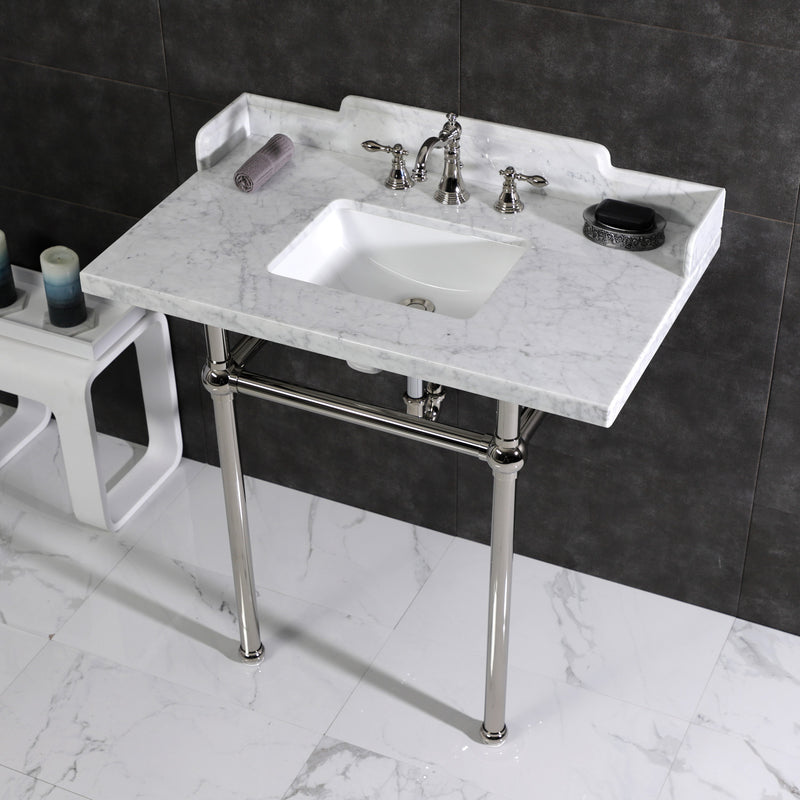 Pemberton 36-Inch Carrara Marble Console Sink with Brass Legs (8-Inch, 3-Hole)