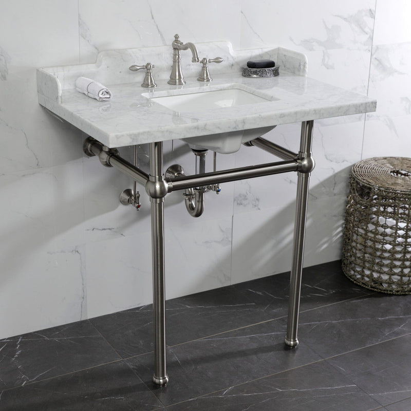 Pemberton 36-Inch Carrara Marble Console Sink with Brass Legs (8-Inch, 3-Hole)