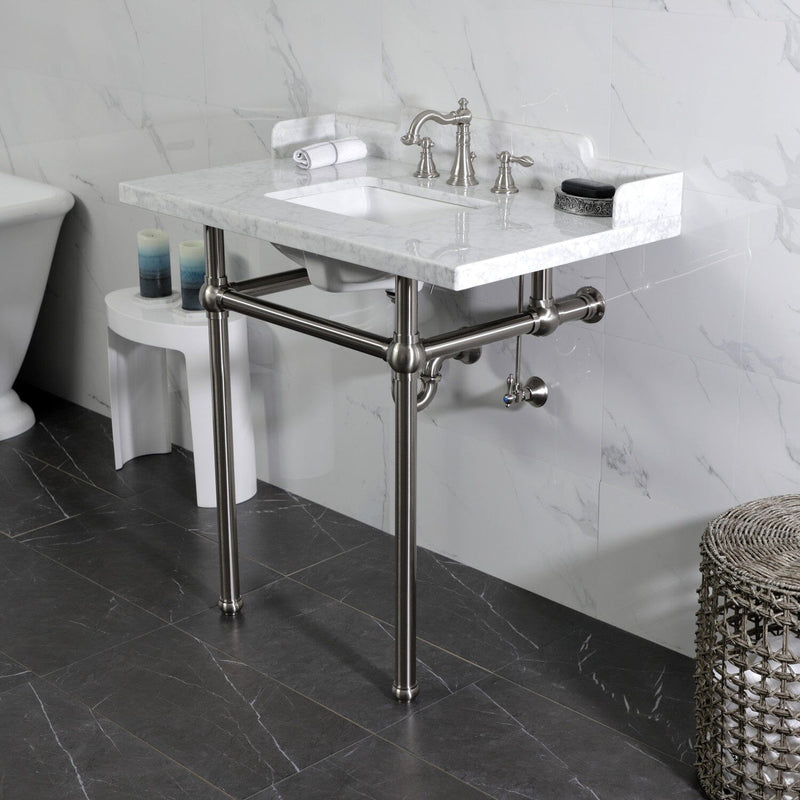 Pemberton 36-Inch Carrara Marble Console Sink with Brass Legs (8-Inch, 3-Hole)
