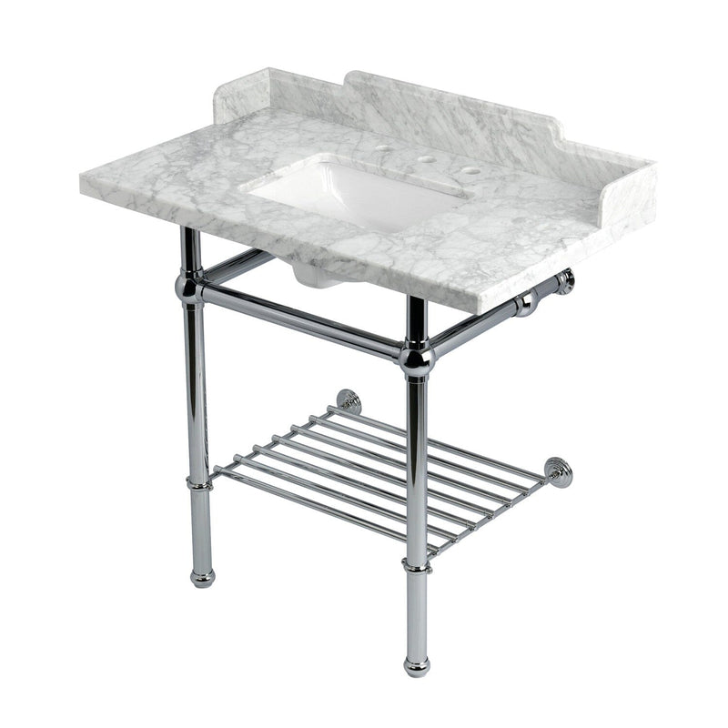 Pemberton 36-Inch Carrara Marble Console Sink with Brass Legs and Shelf (8-Inch, 3-Hole)