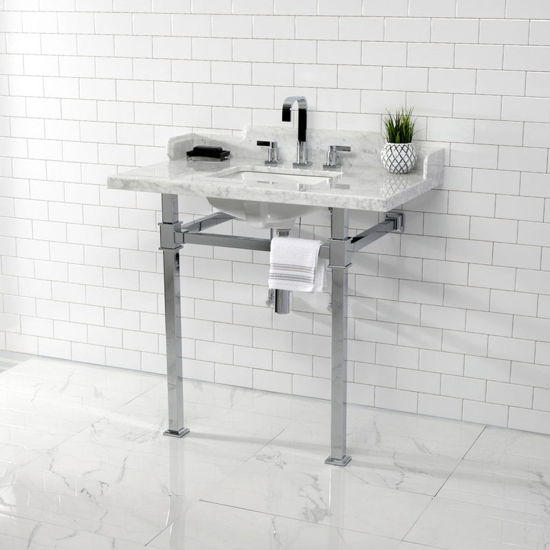 Viceroy 36-Inch Carrara Marble Console Sink with Stainless Steel Legs (8-Inch, 3-Hole)