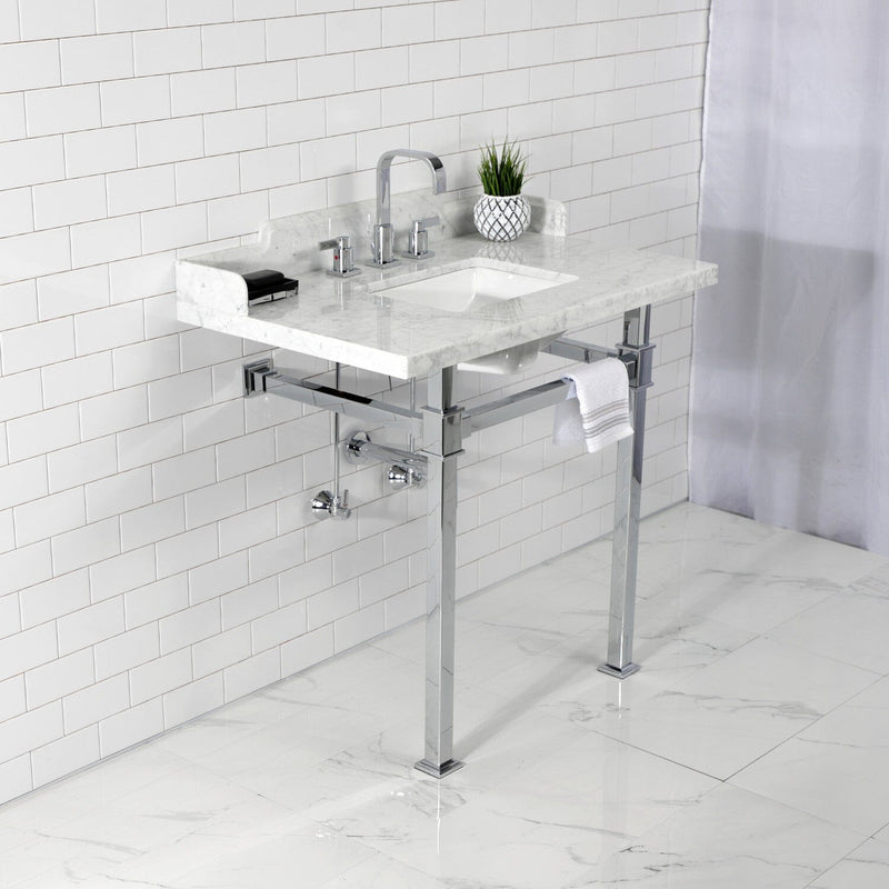 Viceroy 36-Inch Carrara Marble Console Sink with Stainless Steel Legs (8-Inch, 3-Hole)
