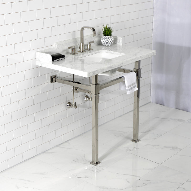 Viceroy 36-Inch Carrara Marble Console Sink with Stainless Steel Legs (8-Inch, 3-Hole)