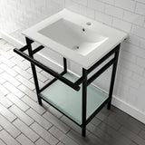 Sheridan 24-Inch Ceramic Console Sink with Stainless Steel Legs and Glass Shelf (1-Hole)