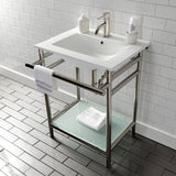Sheridan 24-Inch Ceramic Console Sink with Stainless Steel Legs and Glass Shelf (1-Hole)