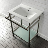 Sheridan 24-Inch Ceramic Console Sink with Stainless Steel Legs and Glass Shelf (1-Hole)